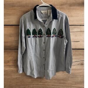Vintage Casey and Max Women's Christmas Shirt Button Front Striped Cotton Size L